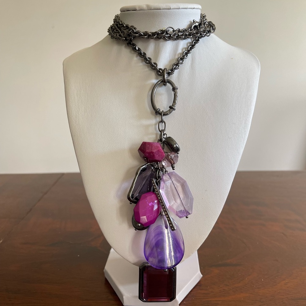 Long lariat black, purple lucite, crystals, rhinestone adjustable NWOT
